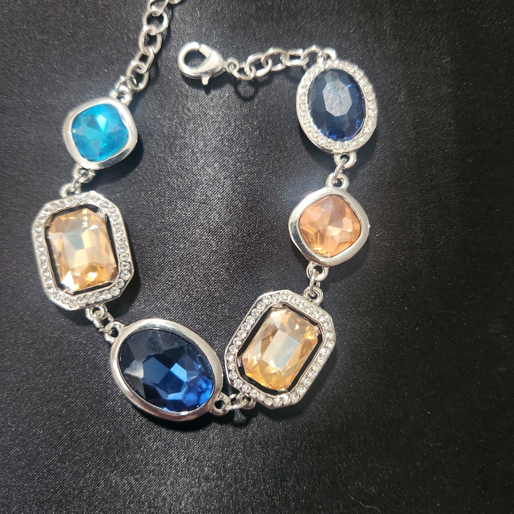 ​Silver Tone Multi-Color Crystal Link Bracelet | Blue & Topaz Rhinestone